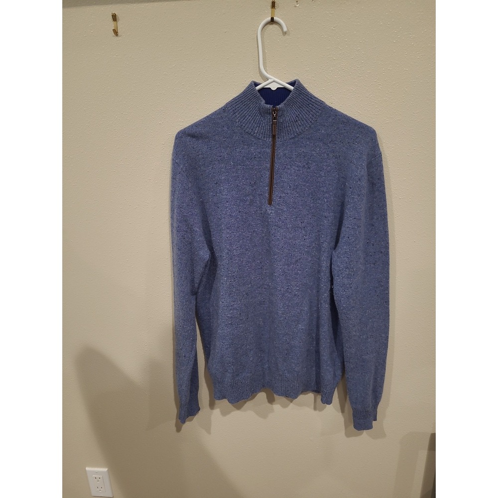 Qi Cashmere Men SZ M Blue Speckled Qtr. Zip Sweater business casual quiet luxury